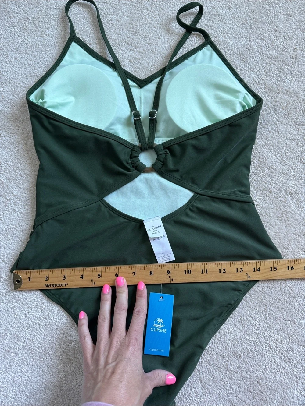 NWT Cupshe Olive Green One-Piece Swimsuit Sz Med Open Back Boho Vacation Preppy